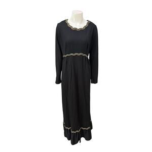 Vintage 70s Boho Prairie Hostess Maxi Dress Embroidered Trim Black XL -
